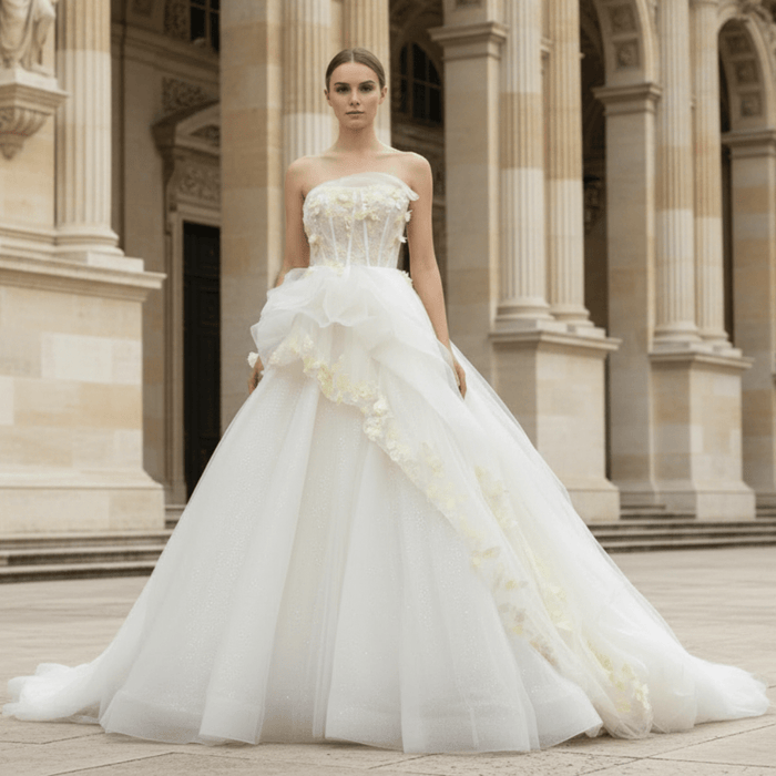 Ballgown Appliqued Strapless Tulle Wedding Dress With Flower - Rosymae