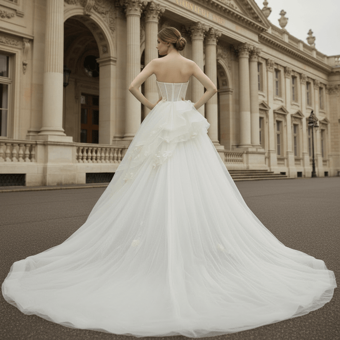 Ballgown Appliqued Strapless Tulle Wedding Dress With Flower - Rosymae
