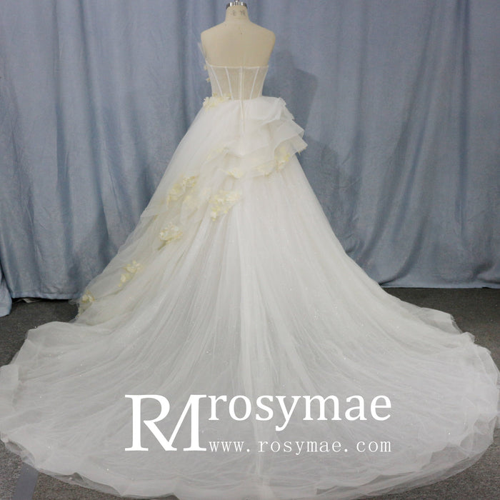 Ballgown Appliqued Strapless Tulle Wedding Dress With Flower - Rosymae