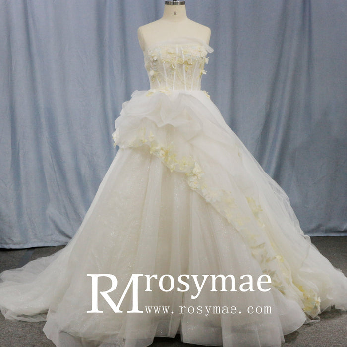 Ballgown Appliqued Strapless Tulle Wedding Dress With Flower - Rosymae