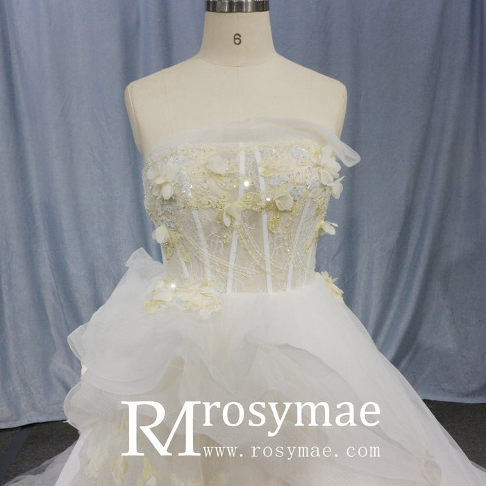 Ballgown Appliqued Strapless Tulle Wedding Dress With Flower - Rosymae