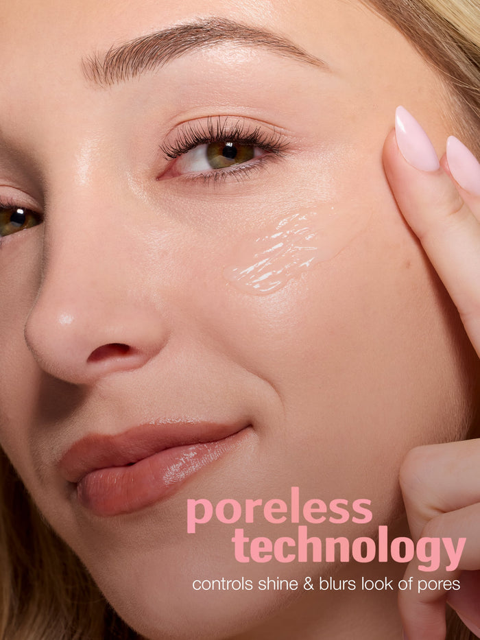 Close-up of a woman's face using tarte ballin base matte poreless primer with 'poreless technology' text overlay.