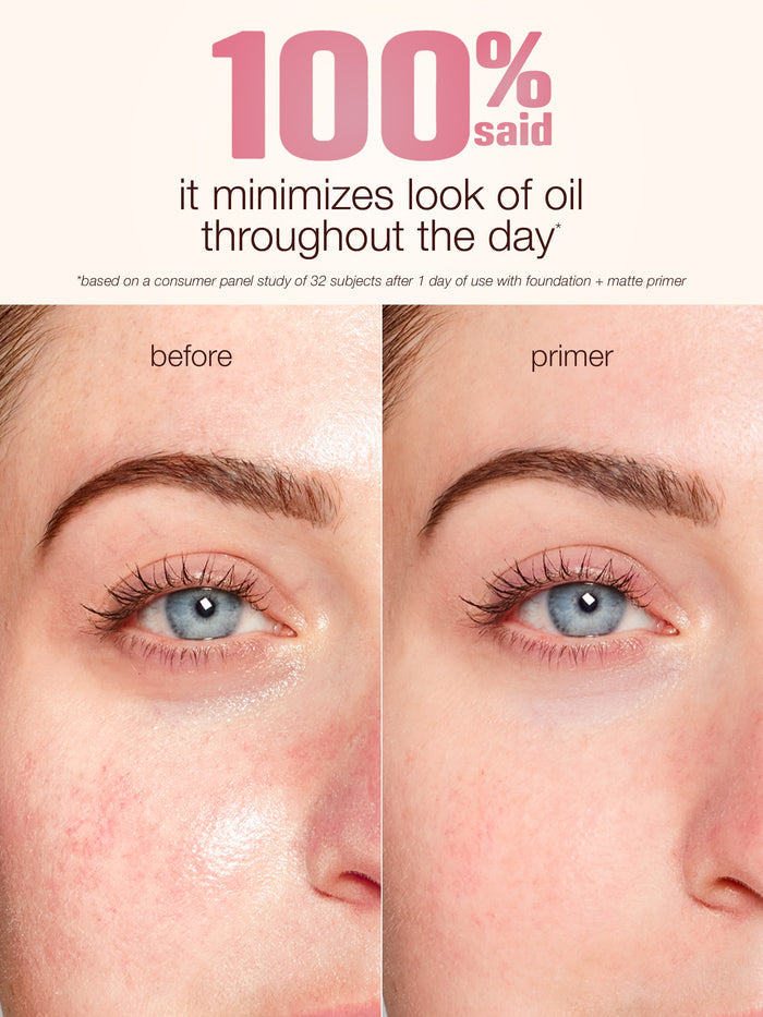 Before and after comparison tarte ballin base matte poreless primer showing reduced oiliness.