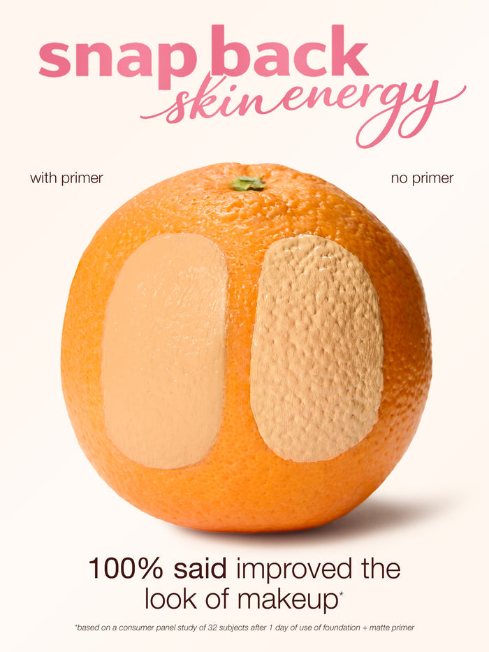using a n orange to display the benefits of tarte ballin base matte poreless primer. 100% said improved the look of makeup