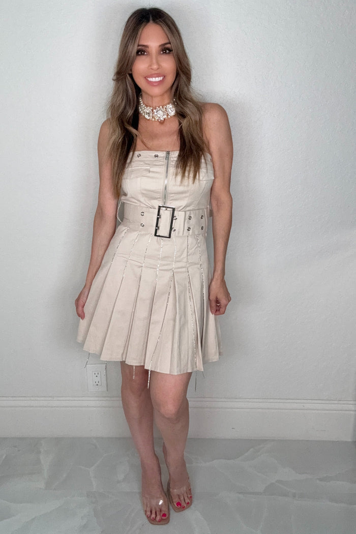 Beige Rhinestone Belted Corset Dress - Born To Glam