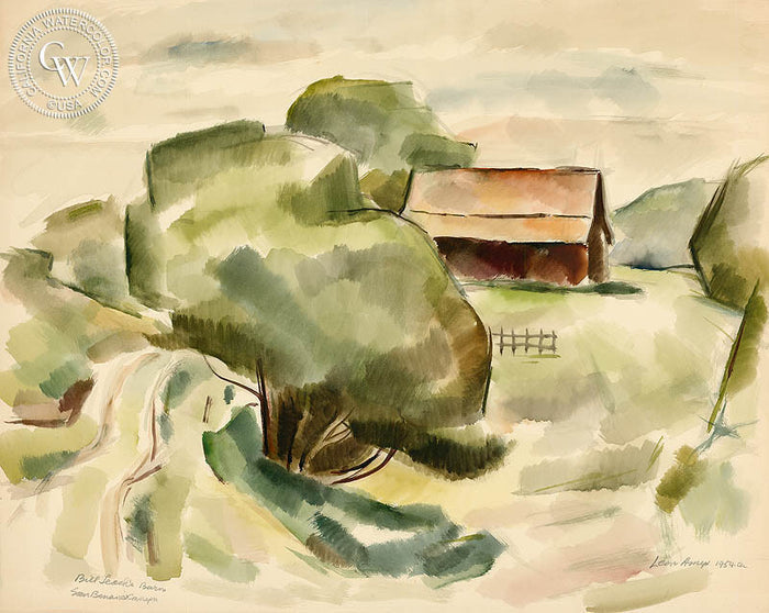Bill Leaches Barn, 1954, watercolor painting by Leon Amyx (American art). Original painting and fine art giclée reproduction by California Watercolor for wall decor.
