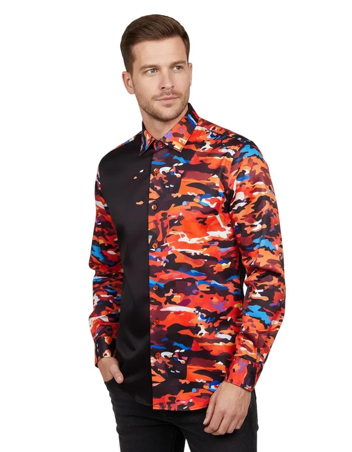 Black Abstract Paint Splatter Print Shirt-Makrom
