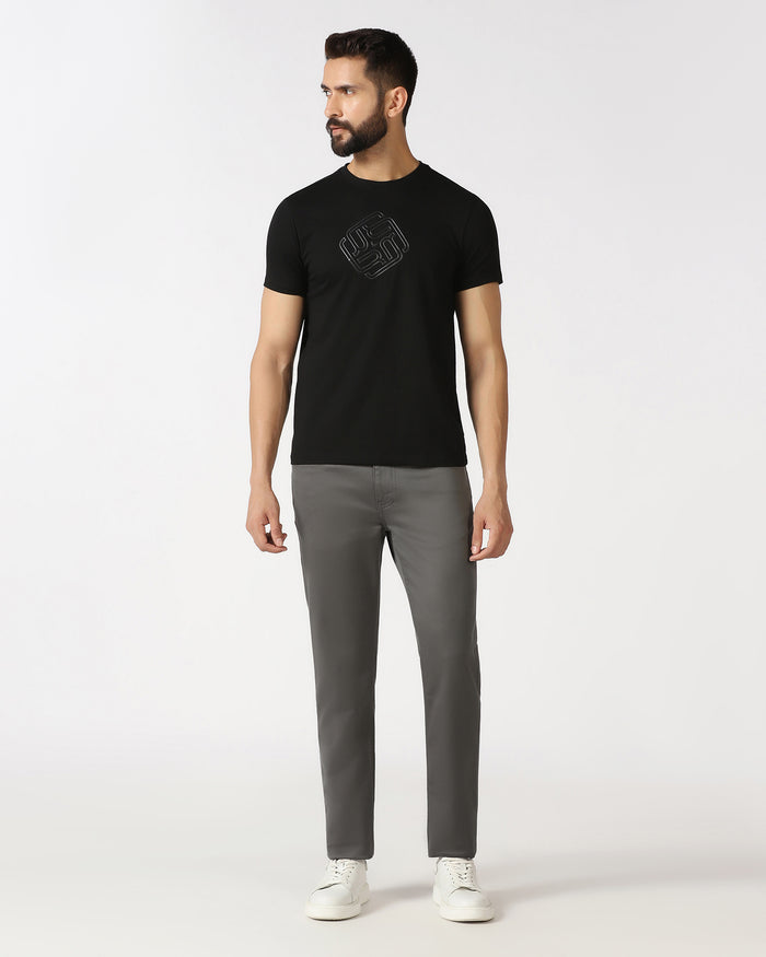 Black Crew Neck Textured T-Shirt - Crown
