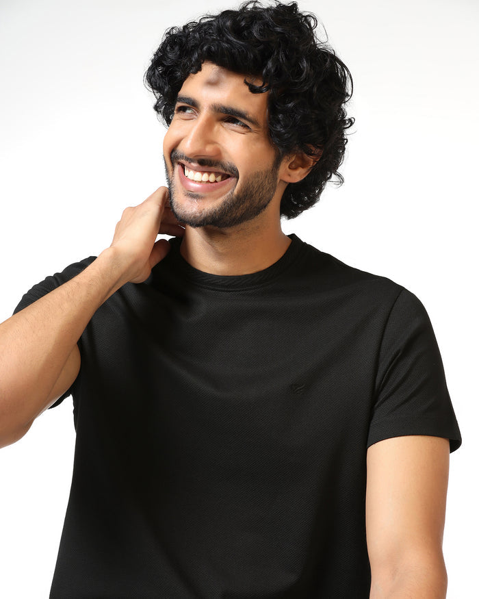 Black Crew Neck Textured T-Shirt - Hexa