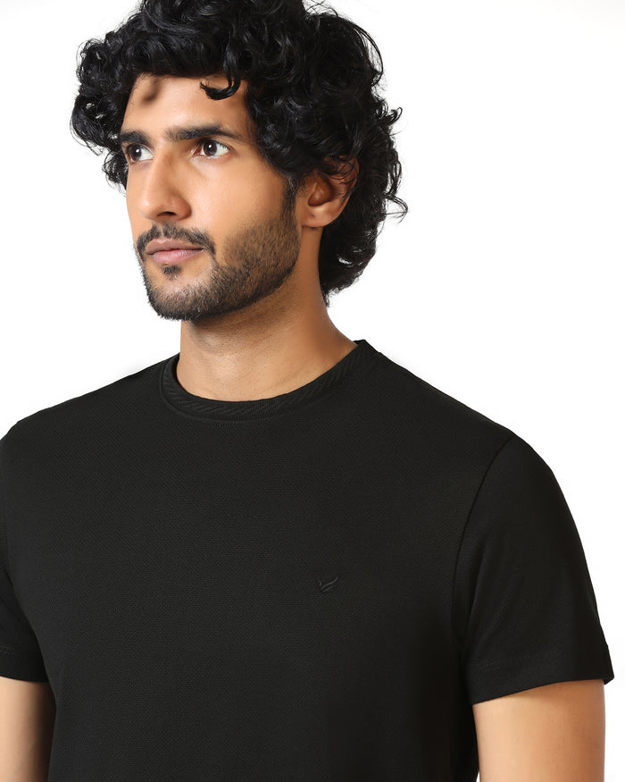 Black Crew Neck Textured T-Shirt - Hexa
