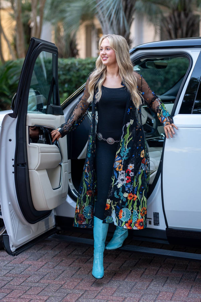 Black Duster with Floral Embroidery