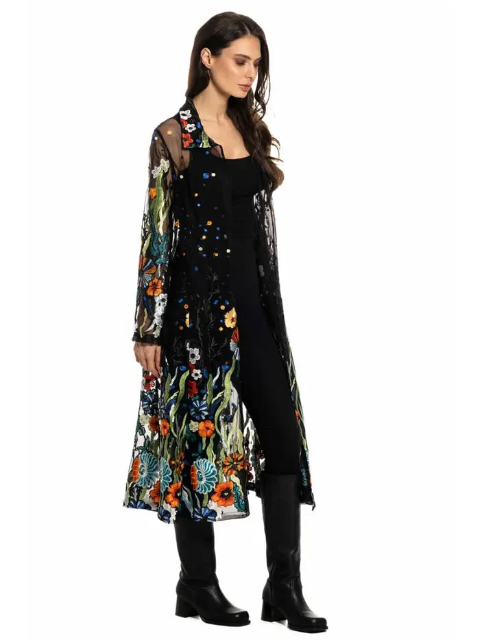 Black Duster with Floral Embroidery