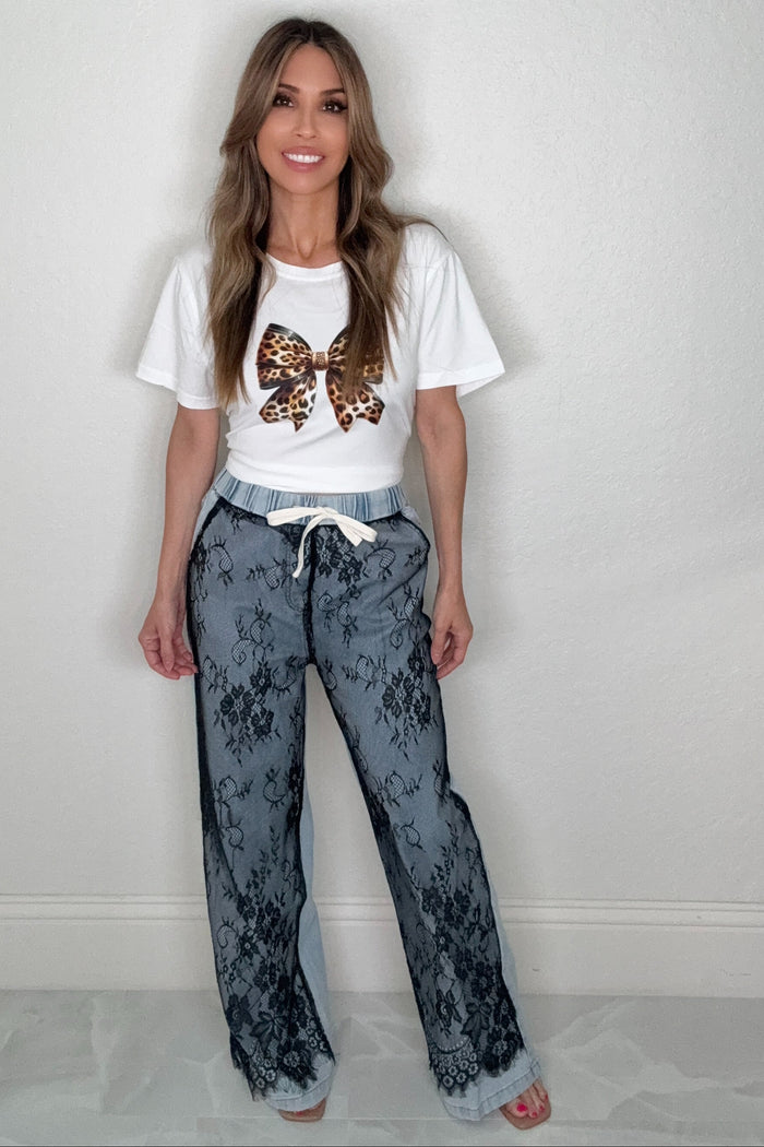 Black Lace Overlay Wide Leg Jeans - Born To Glam
