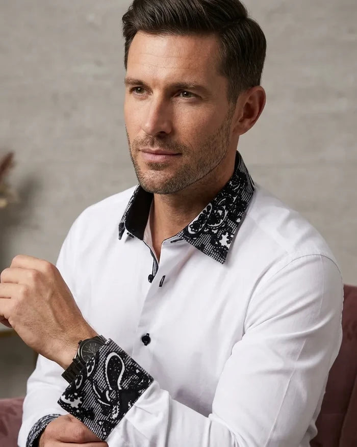 Black Paisley Embroidery Design Collar & Cuff Shirt