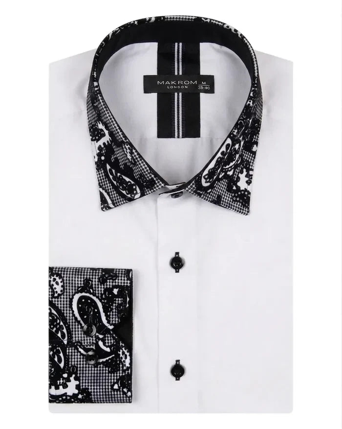 White dress shirt with black paisley patterned collar and cuff on a white background