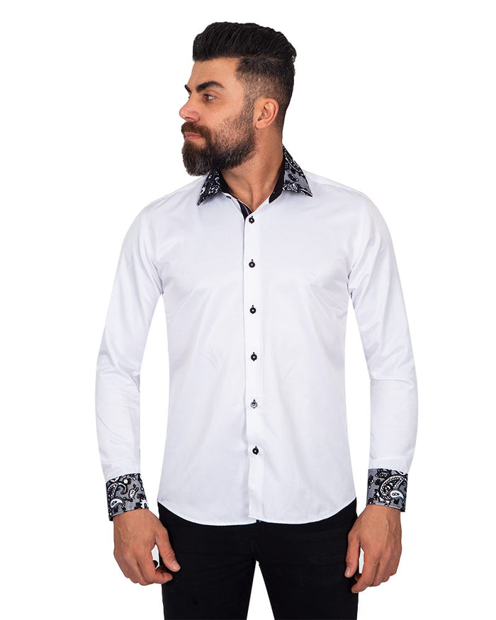 Black Paisley Embroidery Design Collar & Cuff Shirt-Makrom