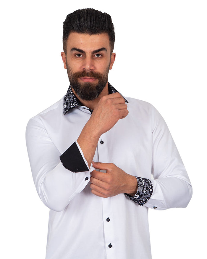 Black Paisley Embroidery Design Collar & Cuff Shirt-Makrom