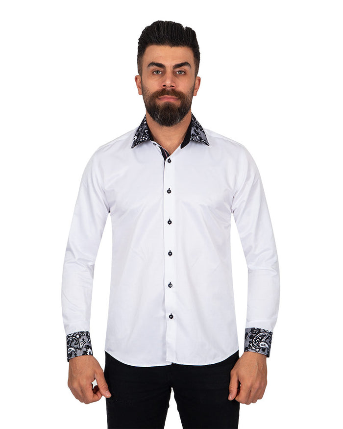 Black Paisley Embroidery Design Collar & Cuff Shirt-Makrom