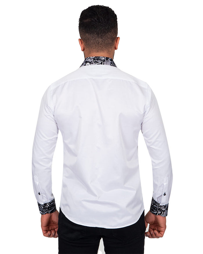 Black Paisley Embroidery Design Collar & Cuff Shirt-Makrom