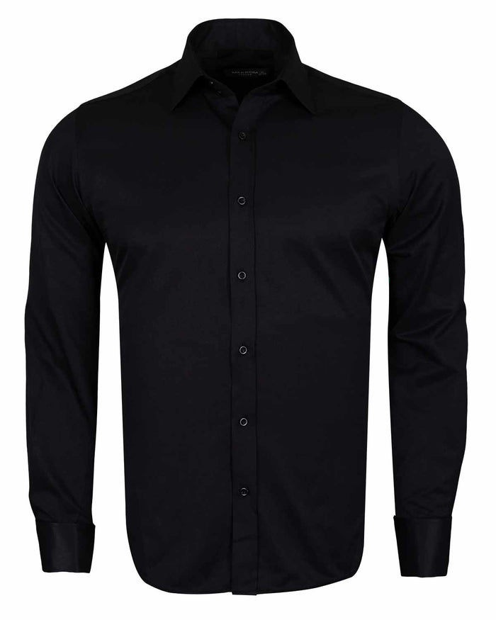 Black Plain Double Cuff Shirt-Makrom