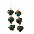 Black and red heart drop earrings with black faceted heart charms, red bead accents, and sterling silver hook posts.