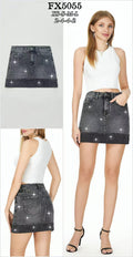 Black denim mini skirt with allover rhinestone embellishment and classic five-pocket styling.