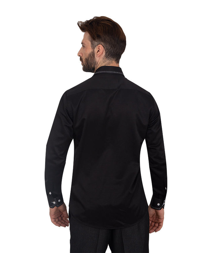 Black Stitching Design Plain Panel Shirt-Makrom