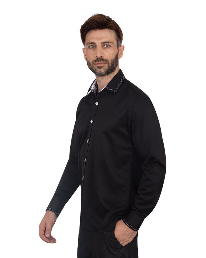 Black Stitching Design Plain Panel Shirt-Makrom