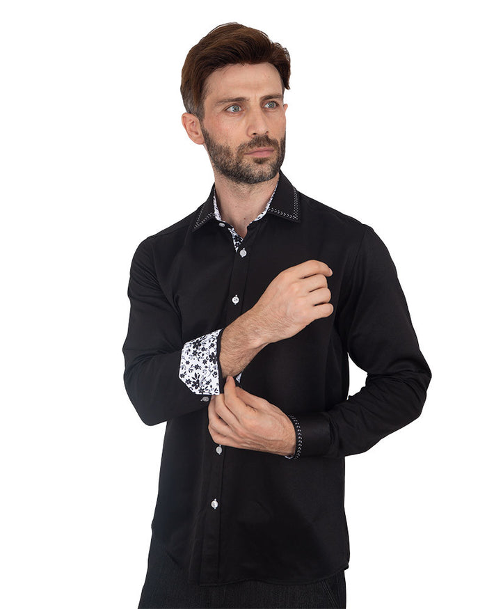 Black Stitching Design Plain Panel Shirt-Makrom