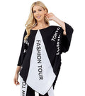 Black and white graphic tunic top with fashion letter print, three-quarter sleeves, and a distinctive V-point hemline.