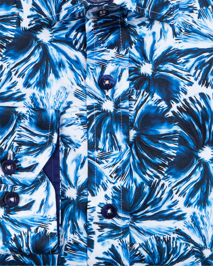 Blossoming Neon Blue Print Cotton Shirts For Men-Makrom