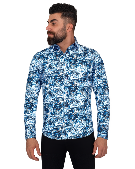 Blossoming Neon Blue Print Cotton Shirts For Men-Makrom