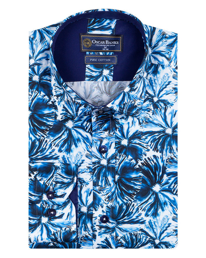 Blossoming Neon Blue Print Cotton Shirts For Men-Makrom