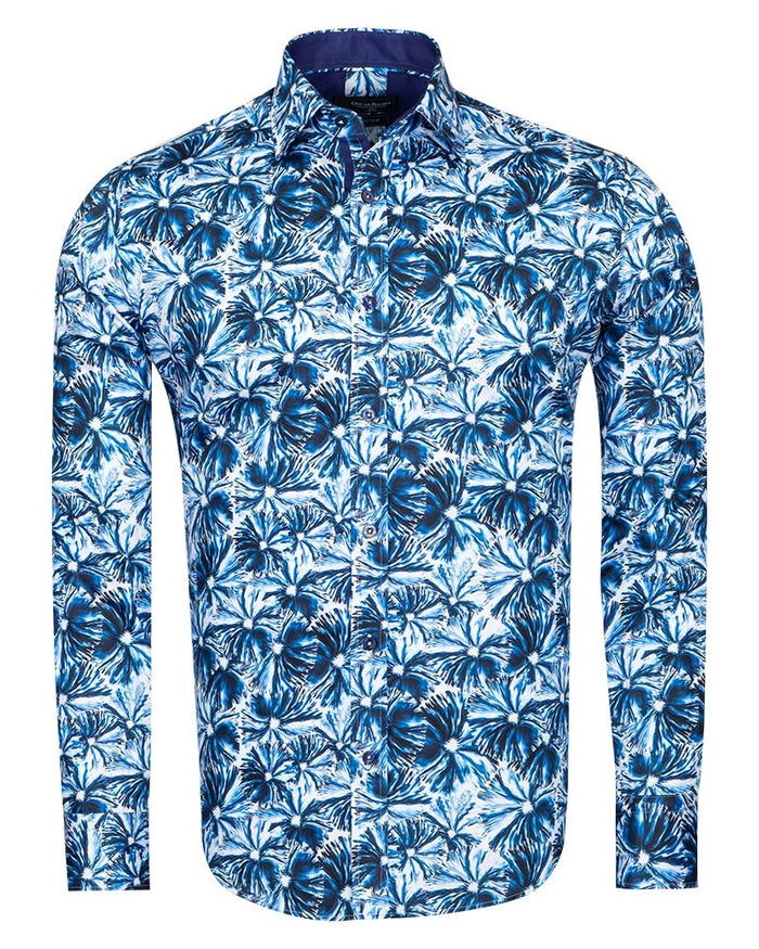Blossoming Neon Blue Print Cotton Shirts For Men-Makrom