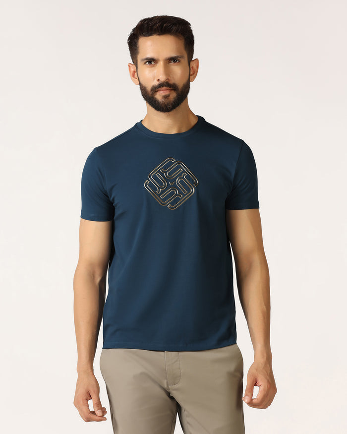 Blue Crew Neck Textured T-Shirt - Crown