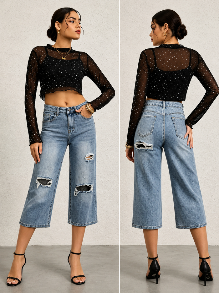Blue Distressed Crop Wide Leg Jeans - Born To Glam