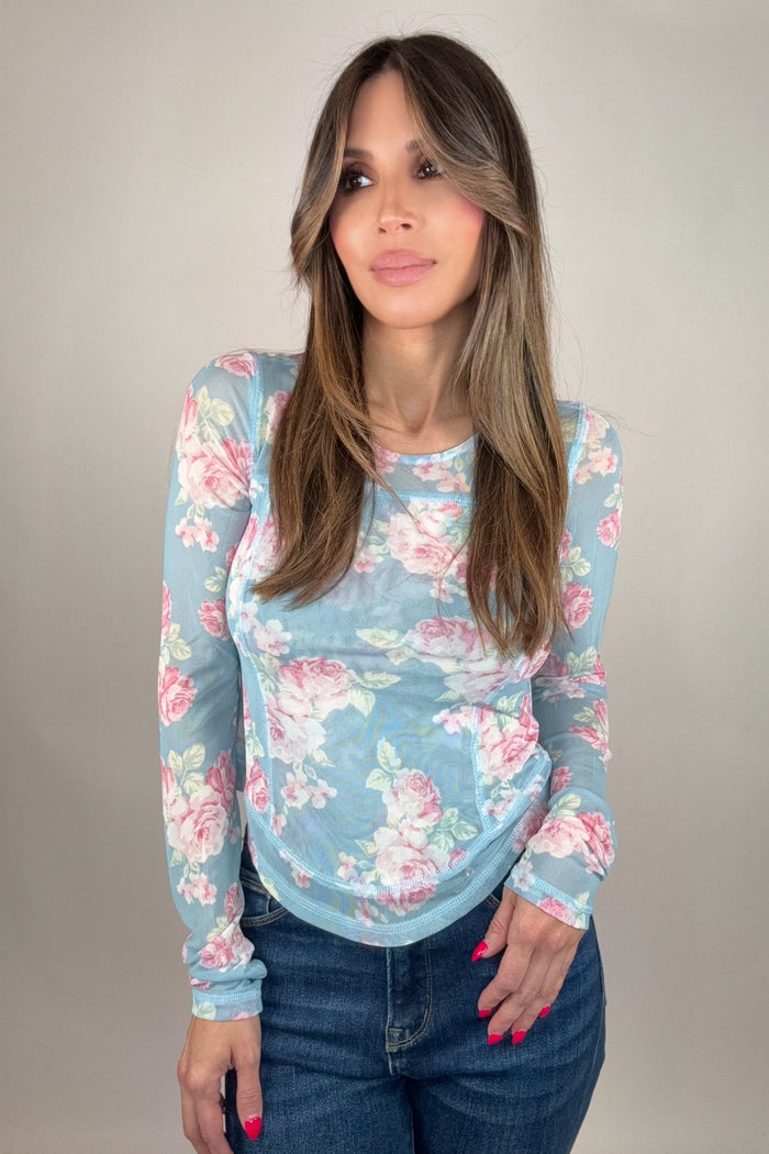 Style the Blue Floral Mesh Long Sleeve Layering Top exclusively at Born To Glam