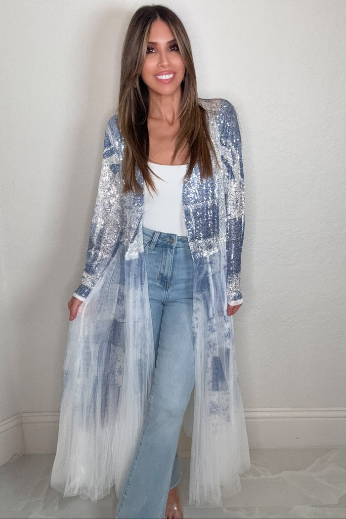 Blue floral patch sequin duster jacket with an embellished upper and sheer longline tulle body.