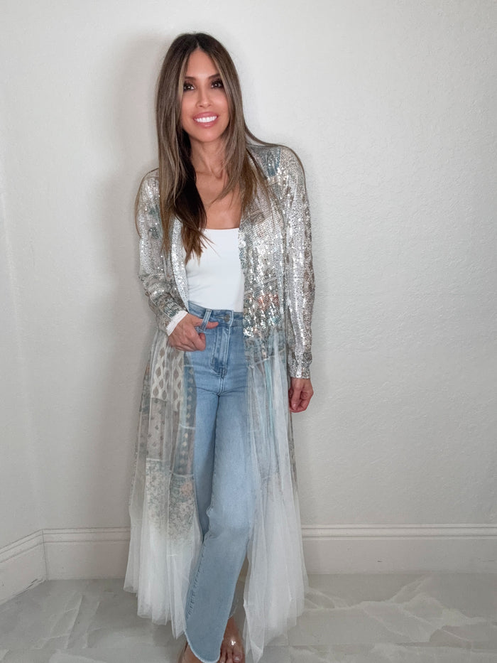 Style the Blue Floral Patch Sequin Duster exclusively at Born To Glam