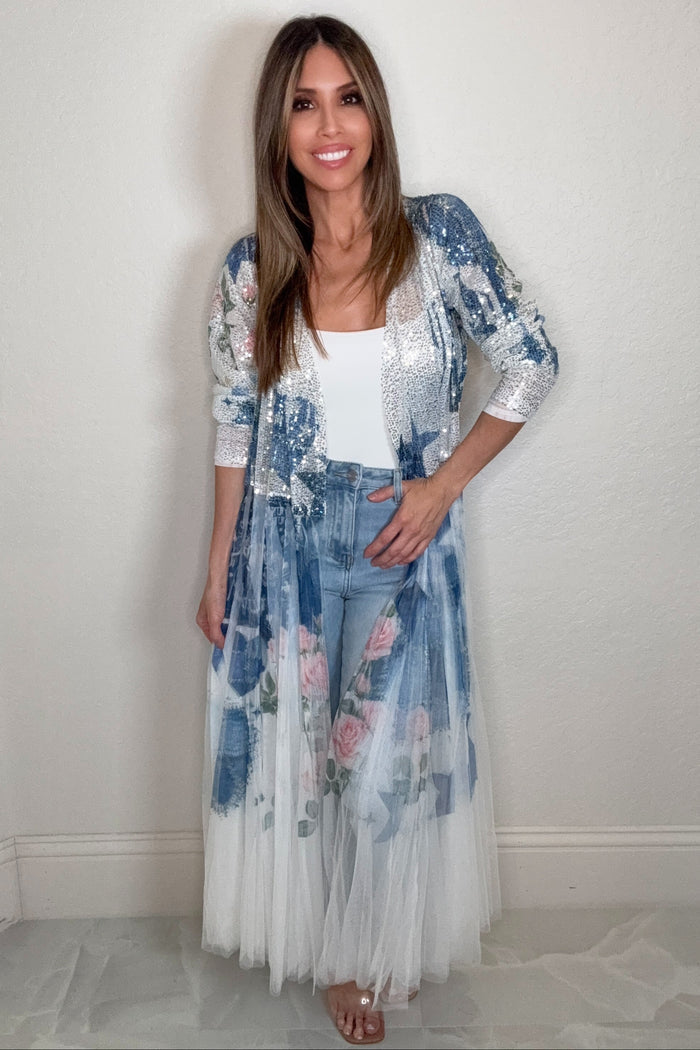 Style the Blue Rodeo Sequin Duster exclusively at Born To Glam