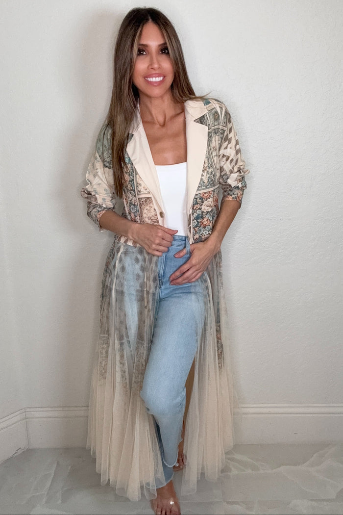 Style the Blue Floral Patch Tulle Cardigan  Blazer exclusively at Born To Glam