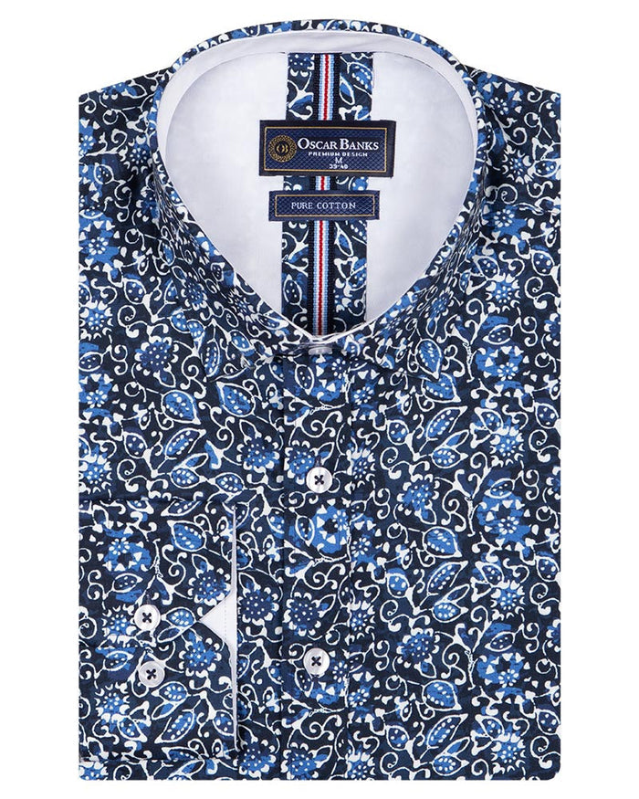 Blue Floral Print Pure Cotton Shirt-Makrom