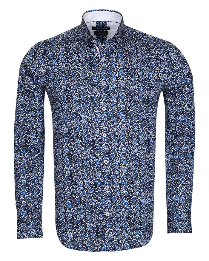 Blue Floral Print Pure Cotton Shirt-Makrom