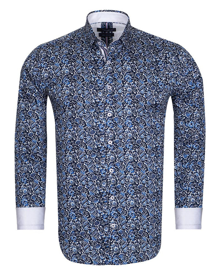 Blue Floral Print Pure Cotton Shirt-Makrom