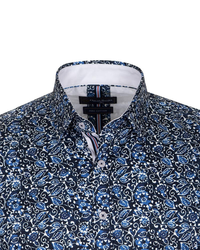Blue Floral Print Pure Cotton Shirt-Makrom