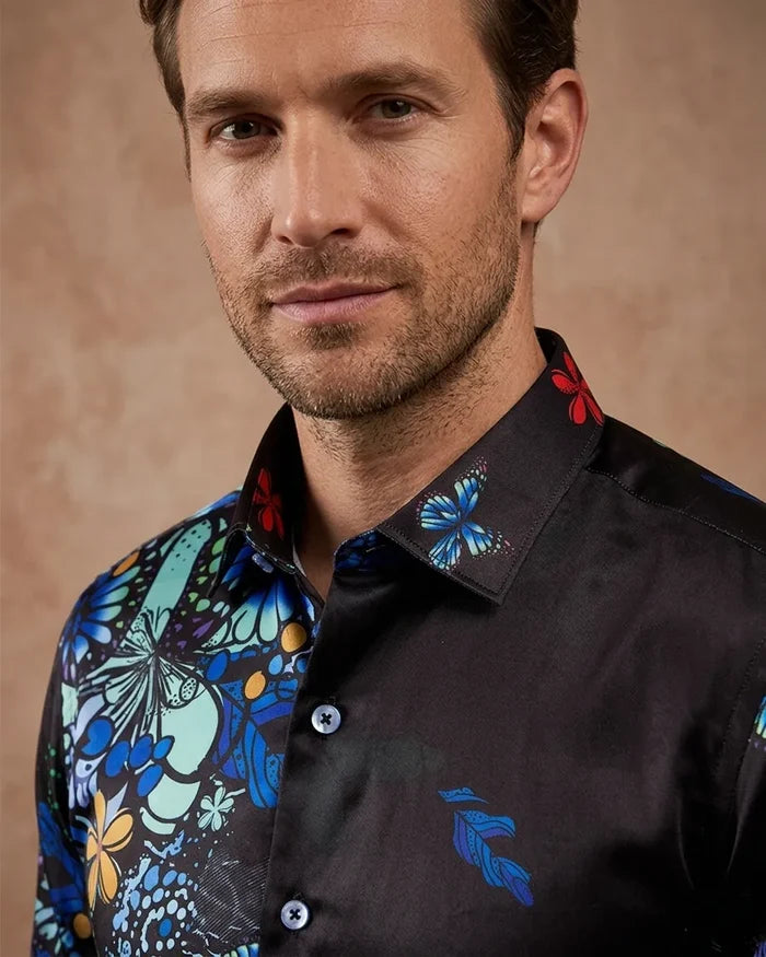 Blue Neon Floral Garden Print Shirt