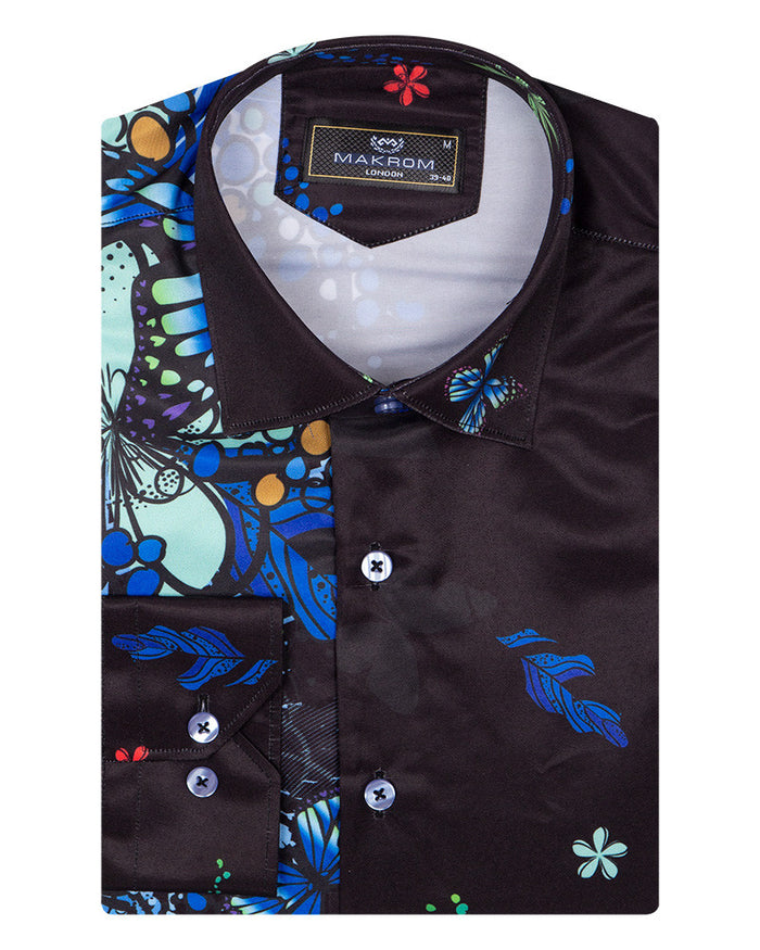 Blue Neon Floral Garden Print Shirt-Makrom