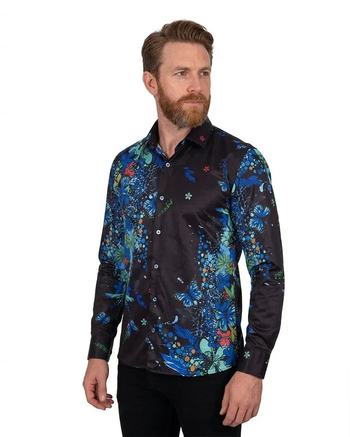 Blue Neon Floral Garden Print Shirt-Makrom