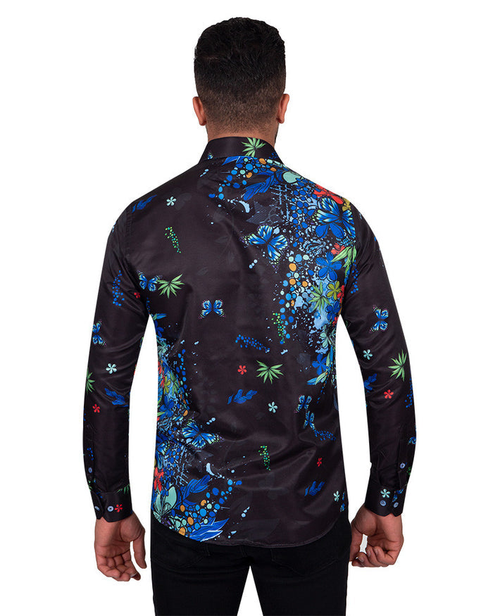 Blue Neon Floral Garden Print Shirt-Makrom