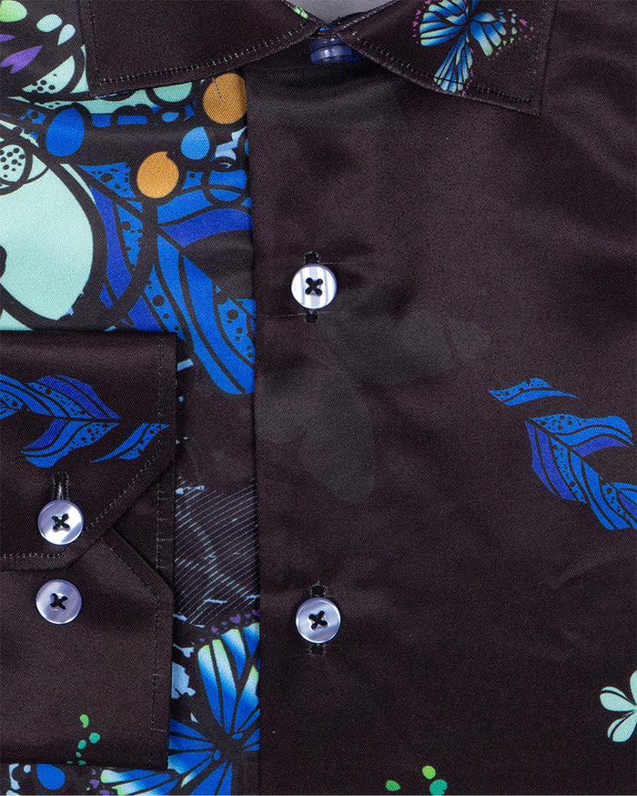 Blue Neon Floral Garden Print Shirt-Makrom
